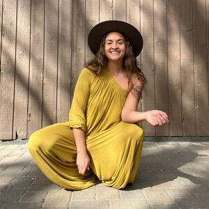 Free People Mustard One Shoulder Jumpsuit Wide Leg Boho Flowy Large